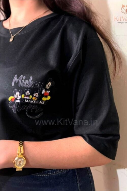 Women’s Mickey Happiness Print T-Shirt (XL) | Soft Cotton Casual Top – KitVana in color Black and size XL