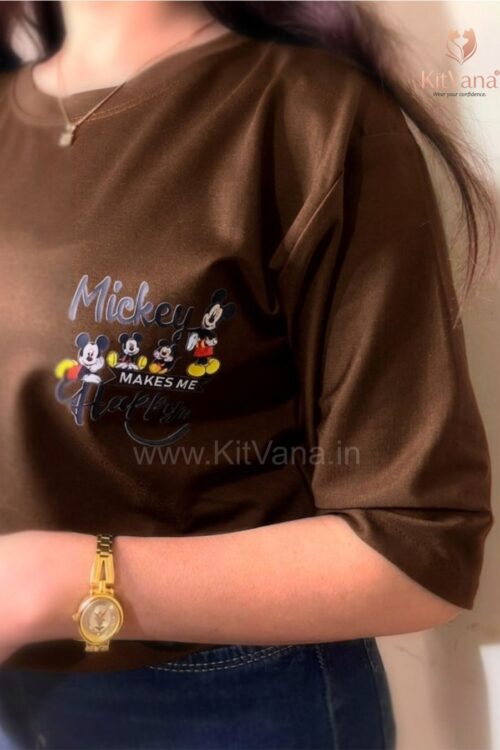 Women’s Mickey Happiness Print T-Shirt (XL) | Soft Cotton Casual Top – KitVana in color Brown and size XL