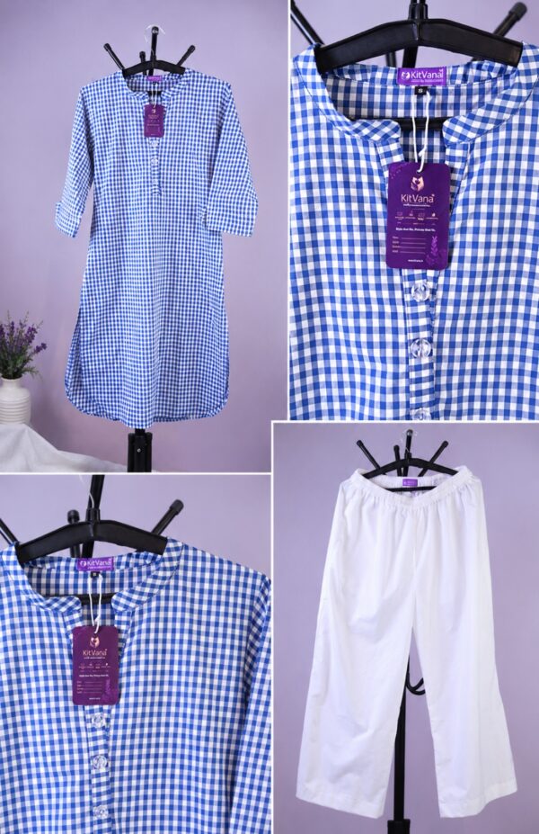 Blue & White Checkered Cotton Kurti with White Palazzo img11- kitvana