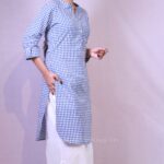 Blue & White Checkered Cotton Kurti with White Palazzo img2- kitvana