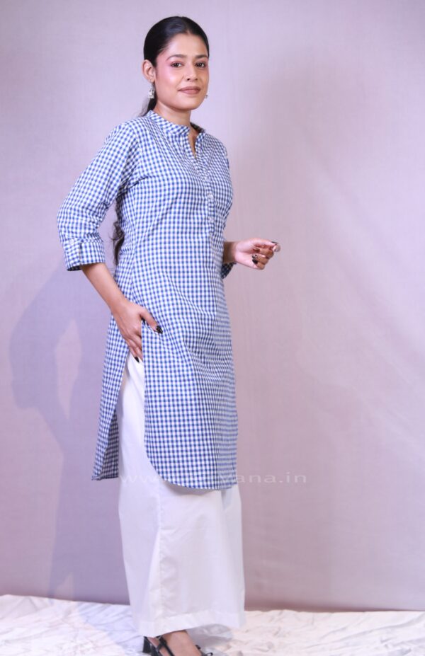 Blue & White Checkered Cotton Kurti with White Palazzo img2- kitvana