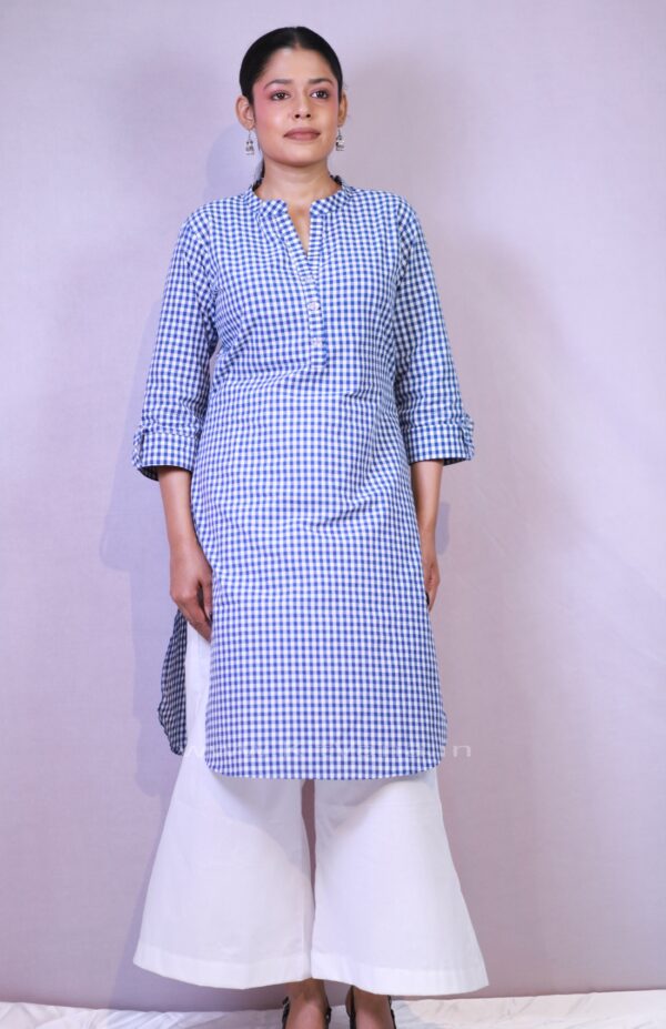 Blue & White Checkered Cotton Kurti with White Palazzo img4- kitvana