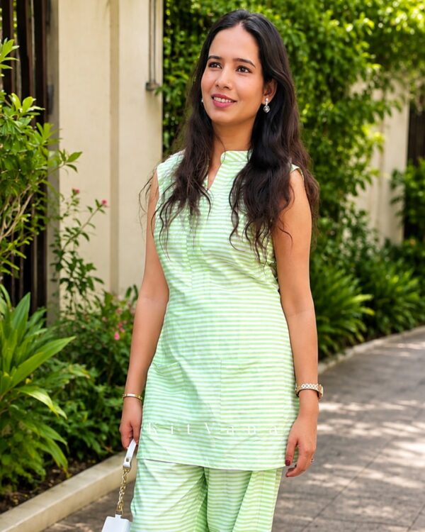 Women's Cotton Co-Ord Set – Mint Green Striped img1- kitvana.in