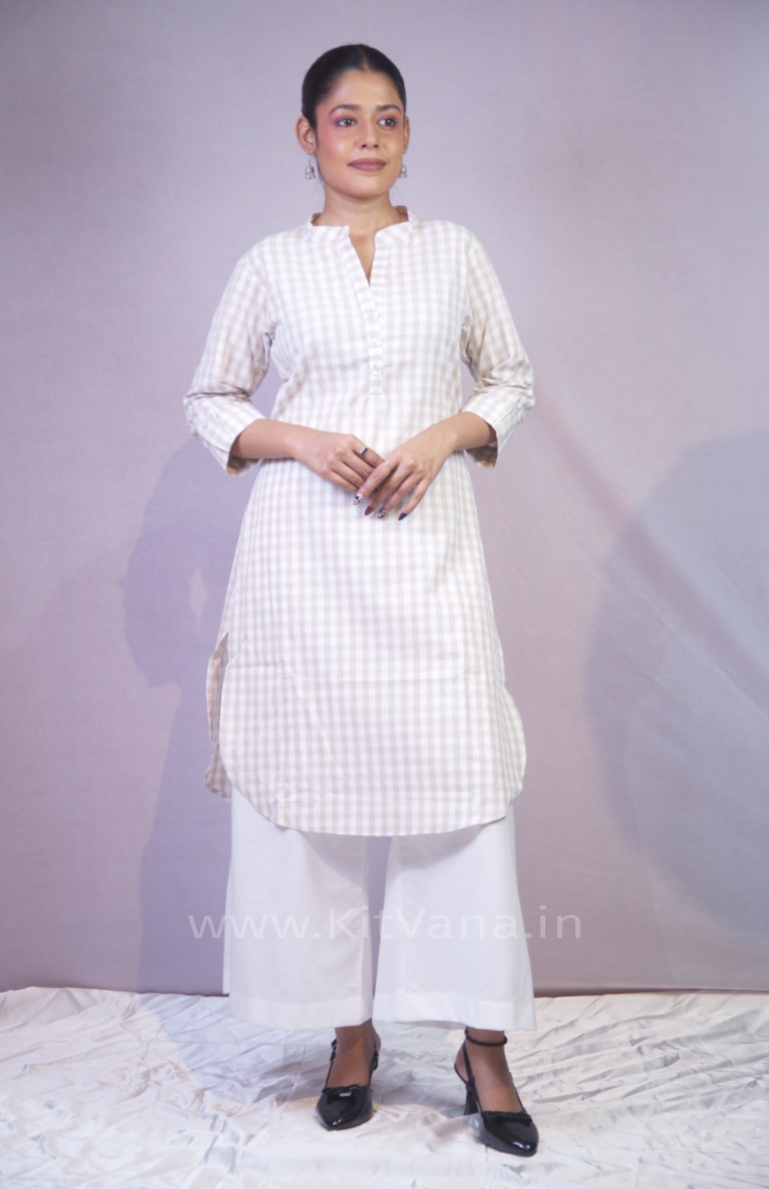 Women’s Beige & White Checked Straight Kurta with Palazzo Set