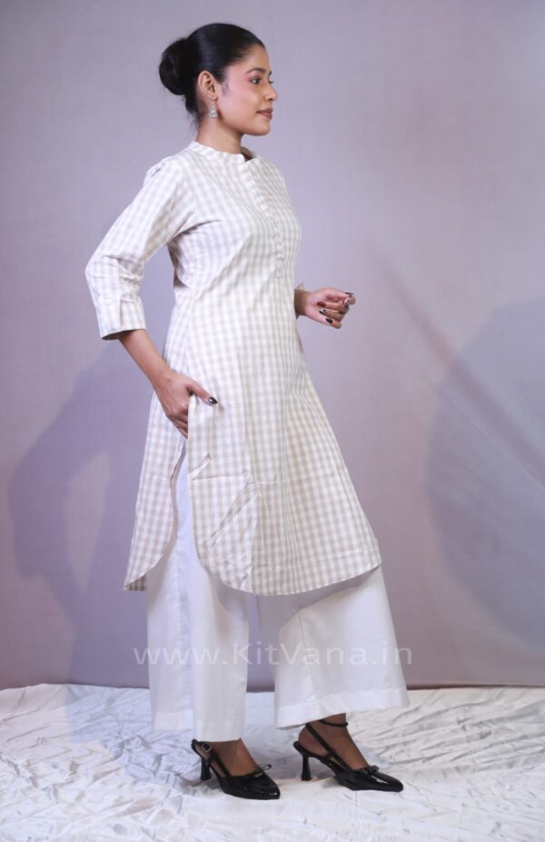 Women’s Beige Check Kurta Palazzo Set img2- kitvana