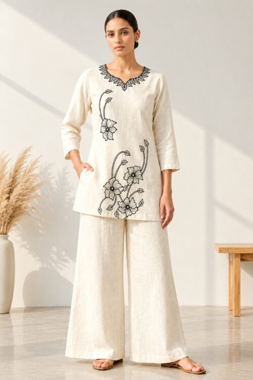 Women’s Ivory Floral Embroidered Cotton Flex Kurta & Palazzo Co-Ord Set