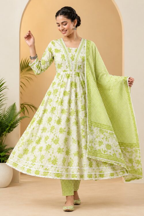 Women’s Green Floral Printed Cambric Cotton Anarkali Kurti Pant Set with Dupatta