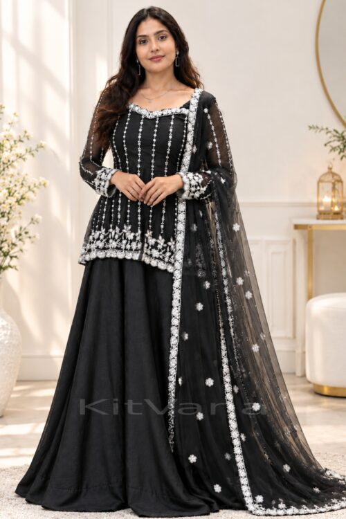 Designer Silk Satin Lehenga Set with Heavy Beadwork, Fancy Sleeves & Net Dupatta – Multiple Colors in size L and color Black