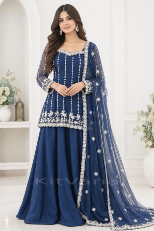 Designer Silk Satin Lehenga Set with Heavy Beadwork, Fancy Sleeves & Net Dupatta – Multiple Colors in size M and color Deep Navy