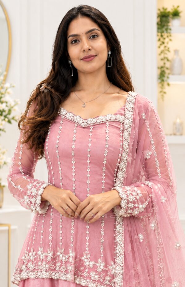 Super Hit Silk Satin Lehenga Set with Heavy Beadwork, Designer Sleeves & Net Dupatta- pink- img1 - kitvana