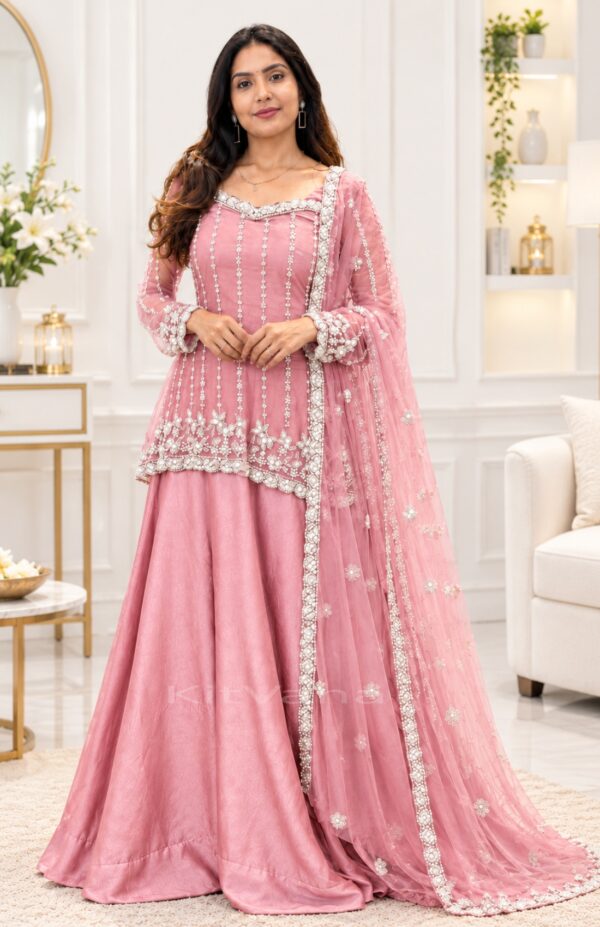 Super Hit Silk Satin Lehenga Set with Heavy Beadwork, Designer Sleeves & Net Dupatta- pink- img2 - kitvana