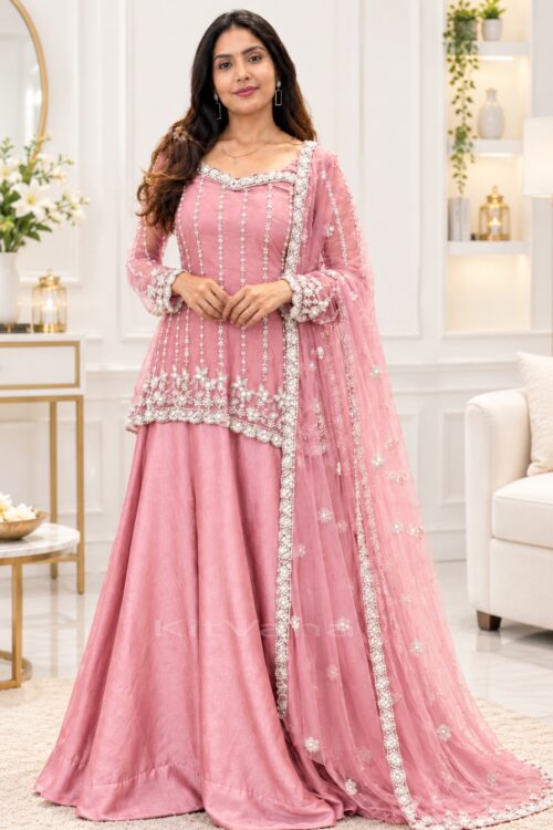 Designer Silk Satin Lehenga Set with Heavy Beadwork, Fancy Sleeves & Net Dupatta – Multiple Colors in size M and color Baby Pink