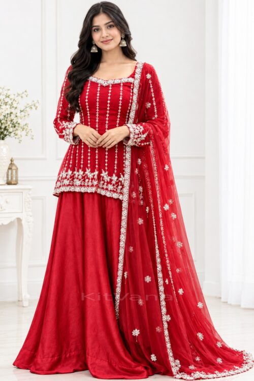 Designer Silk Satin Lehenga Set with Heavy Beadwork, Fancy Sleeves & Net Dupatta – Multiple Colors in size L and color Red