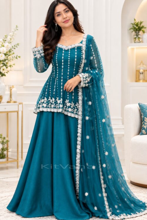 Designer Silk Satin Lehenga Set with Heavy Beadwork, Fancy Sleeves & Net Dupatta – Multiple Colors in size XL and color Teal