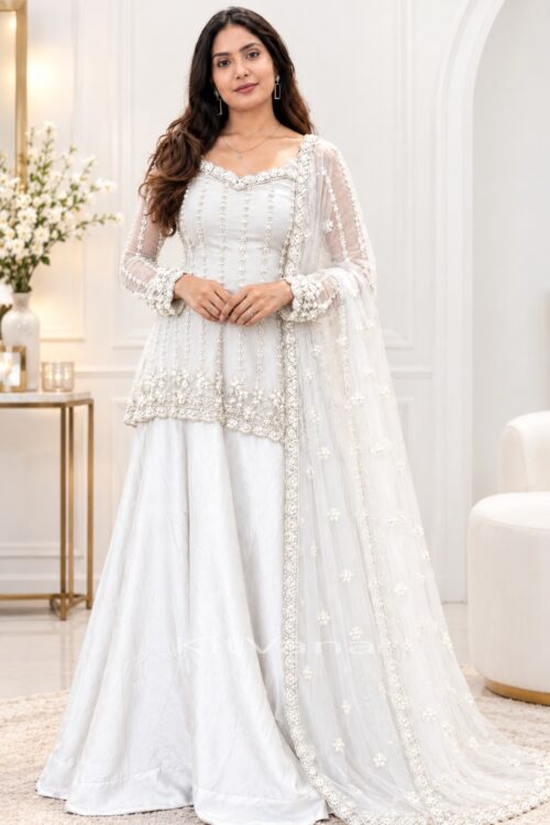 Designer Silk Satin Lehenga Set with Heavy Beadwork, Fancy Sleeves & Net Dupatta – Multiple Colors in size XL and color White