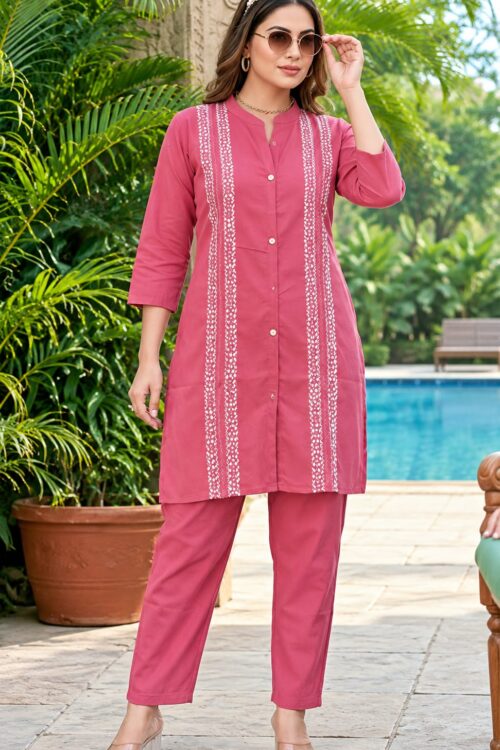 Women’s Pink Pure Vatican Silk Kurti Pant Co-Ord Set