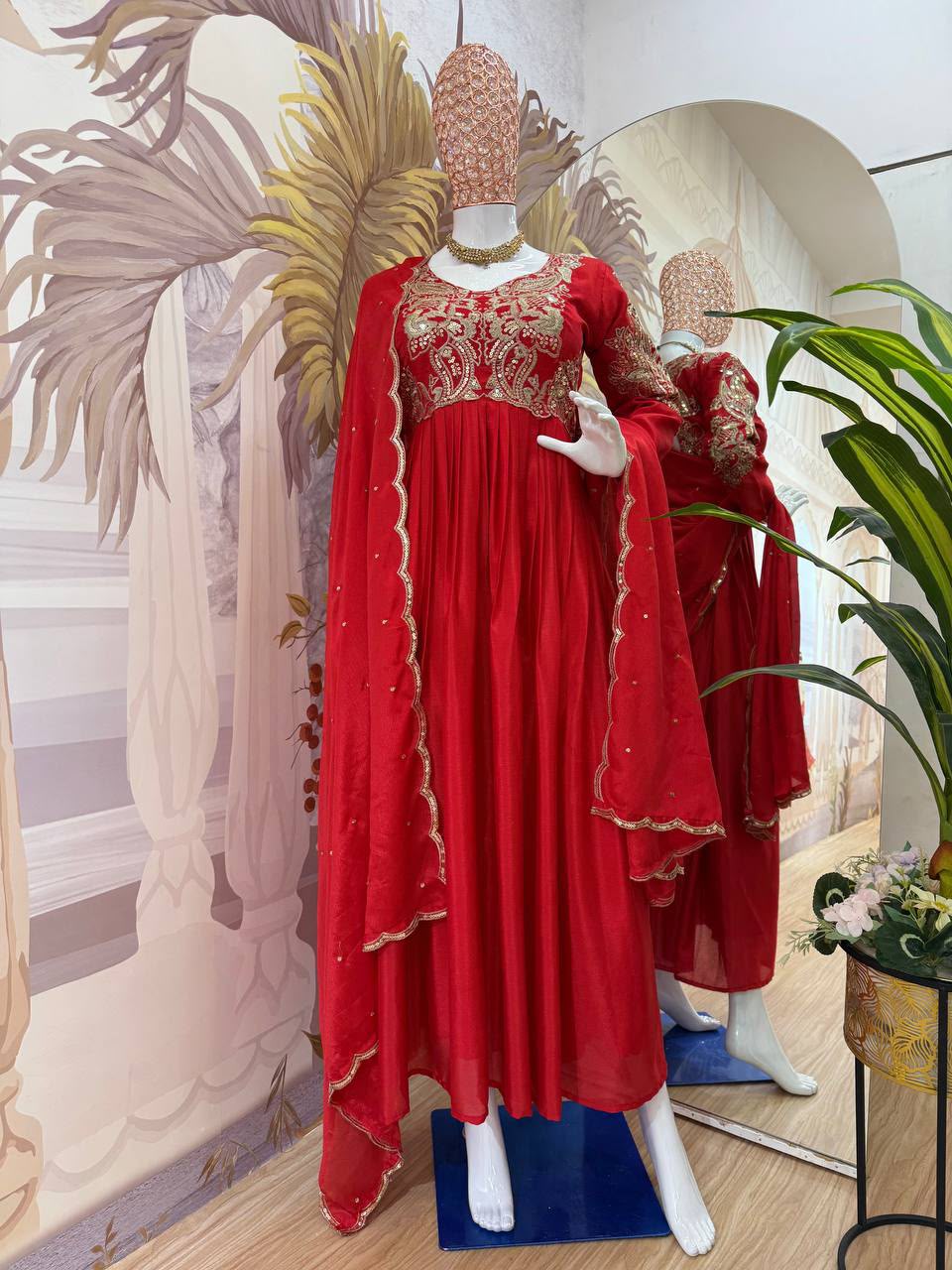 Women’s Red Chinon Embroidered Anarkali Kurta Set with Dupatta – KitVana