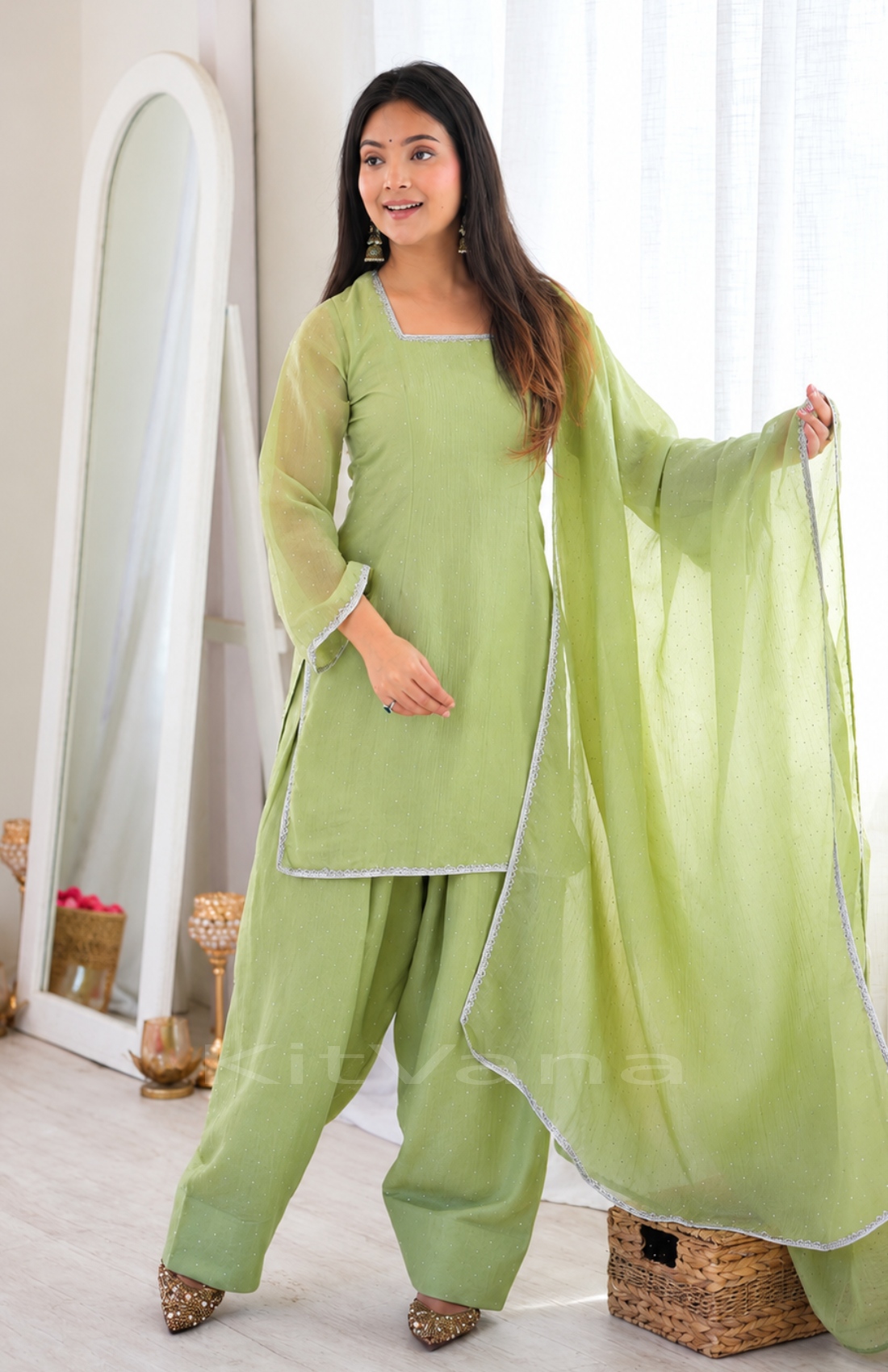 Women’s Pista Green Crunchy Silk Farshi Salwar Suit Set with Swarovski Work Dupatta | KitVana